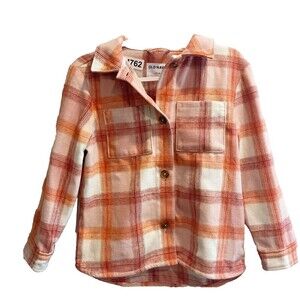 Old Navy Girls Pink Orange Shirt Jacket L 10-12 Plaid Flannel Long Sleeve